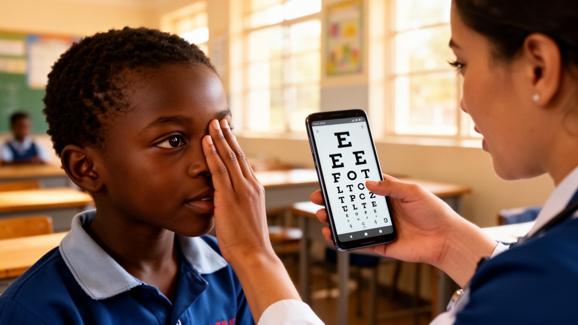 Child receiving vision screening with OSaaT app